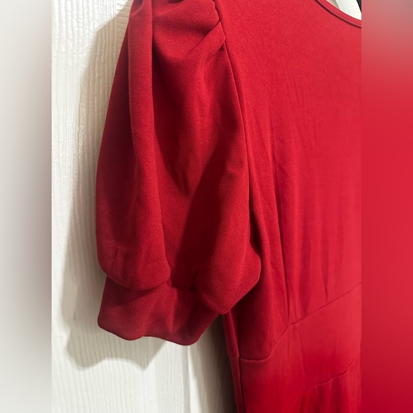 Long Red Dress With Sewn On Pearls and Puffed Sleeves - Picture 12 of 13